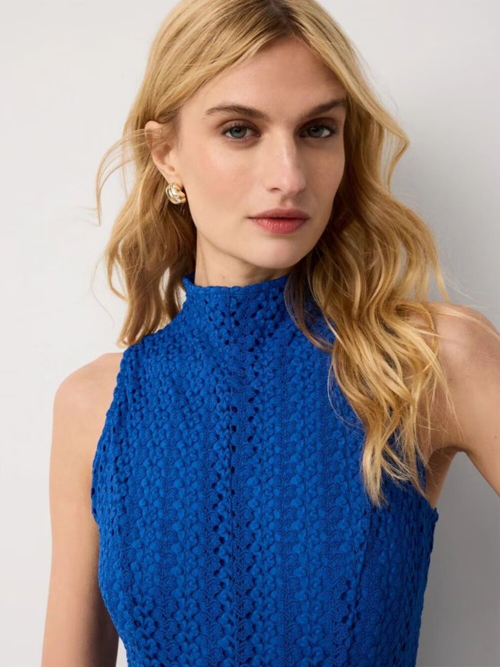 WHBM $240 STRETCHY WRINKLE FREE Mock Neck Knit Lace Midi Dress Nautical Blue - Picture 5 of 10